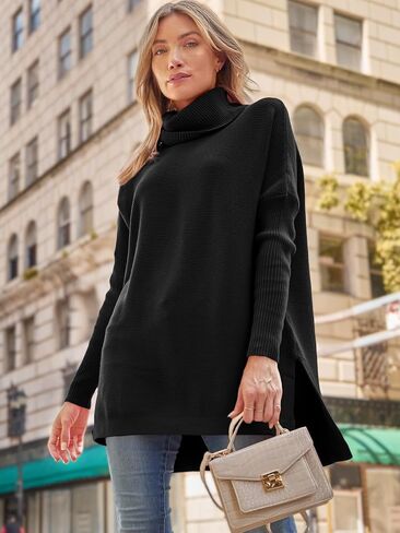 LILLUSORY Women's Turtleneck Oversized Sweaters Long Batwing Sleeve Spilt Hem Tunic Pullover Knit Tops in Kuwait