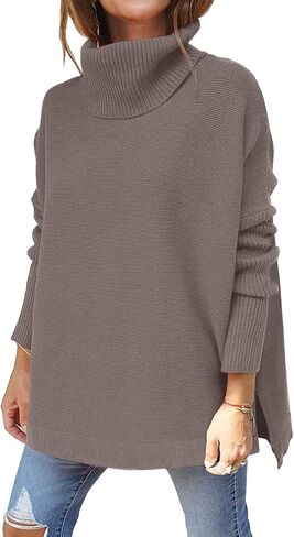 LILLUSORY Women's Turtleneck Oversized Sweaters Long Batwing Sleeve Spilt Hem Tunic Pullover Knit Tops in Kuwait