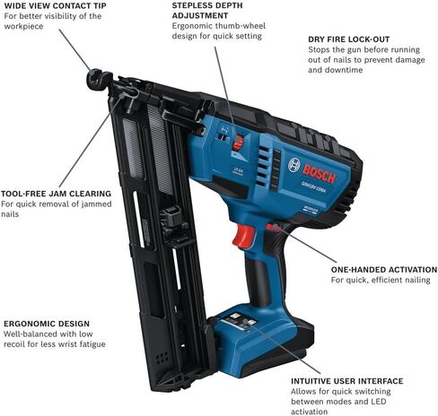 جهاز تثبيت المسامير بزاوية 15 قياس 18 فولت من BOSCH GNH18V-15MAN - دقة للمساحات الضيقة، يثبت ما يصل إلى 1200 مسمار لكل شحنة، تفعيل بيد واحدة، إزالة المربى بدون أدوات، خطاف الحزام (أداة عارية) in Saudi Arabia