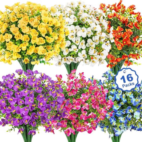 16 Bundles Artificial Flowers for Outdoors Decoration, Fake Pansy Flowers UV Resistant Silk Faux Pansies Spring Plants for Outside Planter Window Box Front Door Yard Home Decor, Mixed Colors in Saudi Arabia