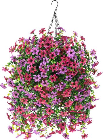 Artificial Flowers Hanging Baskets, 4 Bundles Outdoor Hanging Basket Spring Summer Decoration, No Fade Realistic Fake Flowers Plants for Porch Patio Balcony Home Yard Decor(Light Purple Red) in Saudi Arabia