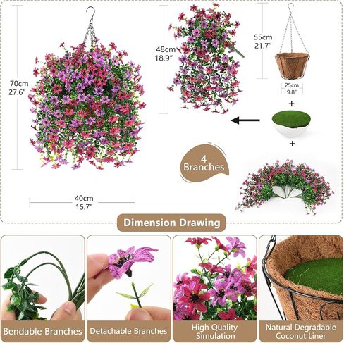 Artificial Flowers Hanging Baskets, 4 Bundles Outdoor Hanging Basket Spring Summer Decoration, No Fade Realistic Fake Flowers Plants for Porch Patio Balcony Home Yard Decor(Light Purple Red) in Saudi Arabia