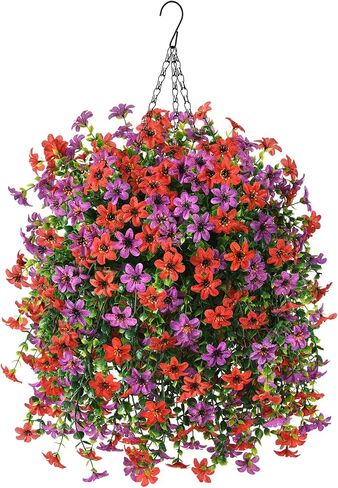 Artificial Flowers Hanging Baskets, 4 Bundles Outdoor Hanging Basket Spring Summer Decoration, No Fade Realistic Fake Flowers Plants for Porch Patio Balcony Home Yard Decor(Light Purple Red) in Saudi Arabia