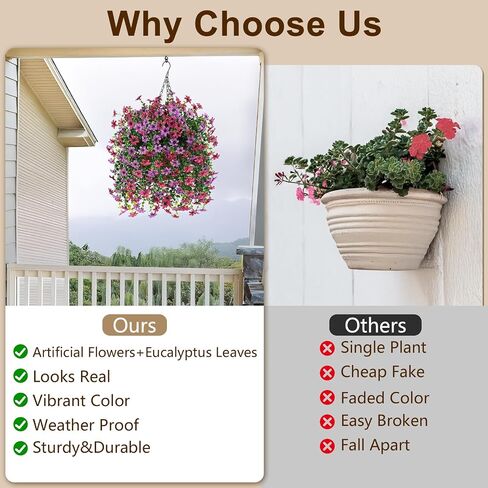 Artificial Flowers Hanging Baskets, 4 Bundles Outdoor Hanging Basket Spring Summer Decoration, No Fade Realistic Fake Flowers Plants for Porch Patio Balcony Home Yard Decor(Light Purple Red) in Saudi Arabia