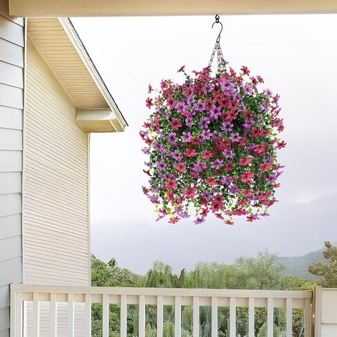 Artificial Flowers Hanging Baskets, 4 Bundles Outdoor Hanging Basket Spring Summer Decoration, No Fade Realistic Fake Flowers Plants for Porch Patio Balcony Home Yard Decor(Light Purple Red) in Saudi Arabia