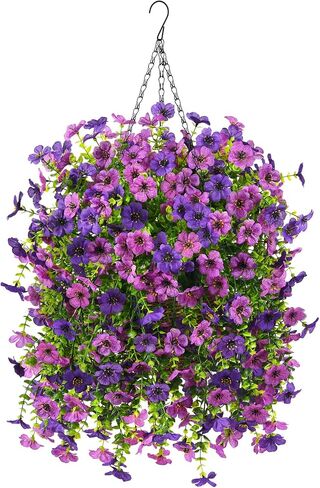 Artificial Flowers Hanging Baskets, 4 Bundles Outdoor Hanging Basket Spring Summer Decoration, No Fade Realistic Fake Flowers Plants for Porch Patio Balcony Home Yard Decor(Double Purple) in Saudi Arabia