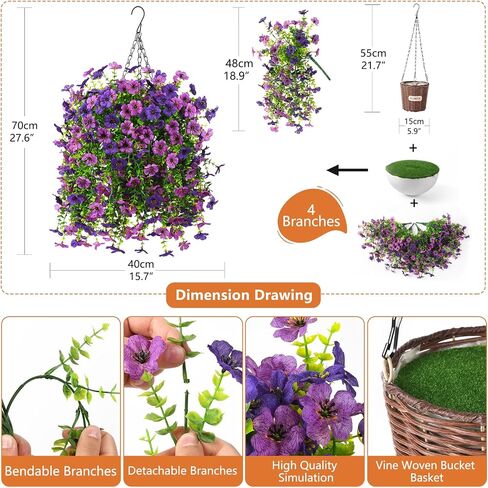 Artificial Flowers Hanging Baskets, 4 Bundles Outdoor Hanging Basket Spring Summer Decoration, No Fade Realistic Fake Flowers Plants for Porch Patio Balcony Home Yard Decor(Double Purple) in Saudi Arabia