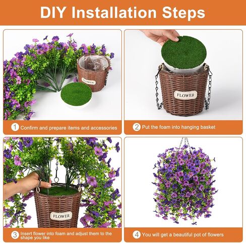Artificial Flowers Hanging Baskets, 4 Bundles Outdoor Hanging Basket Spring Summer Decoration, No Fade Realistic Fake Flowers Plants for Porch Patio Balcony Home Yard Decor(Double Purple) in Saudi Arabia