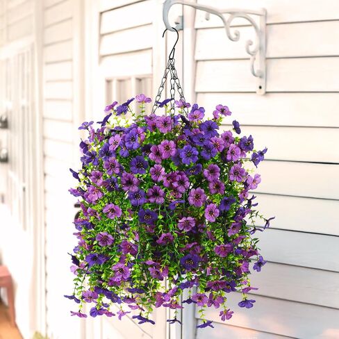 Artificial Flowers Hanging Baskets, 4 Bundles Outdoor Hanging Basket Spring Summer Decoration, No Fade Realistic Fake Flowers Plants for Porch Patio Balcony Home Yard Decor(Double Purple) in Saudi Arabia