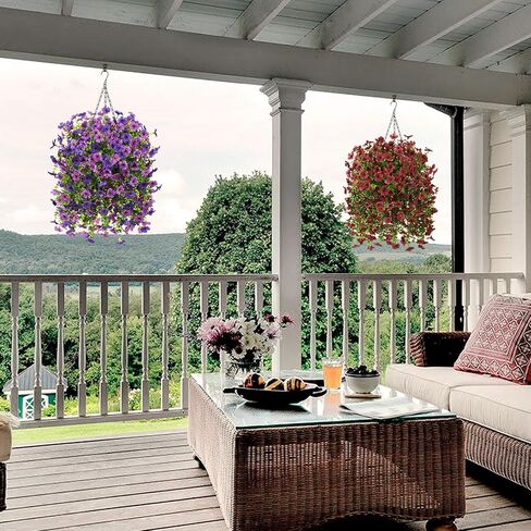 Artificial Flowers Hanging Baskets, 4 Bundles Outdoor Hanging Basket Spring Summer Decoration, No Fade Realistic Fake Flowers Plants for Porch Patio Balcony Home Yard Decor(Double Purple) in Saudi Arabia