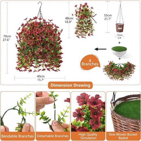 Artificial Flowers Hanging Baskets, 4 Bundles Outdoor Hanging Basket Spring Summer Decoration, No Fade Realistic Fake Flowers Plants for Porch Patio Balcony Home Yard Decor(Double Purple) in Saudi Arabia