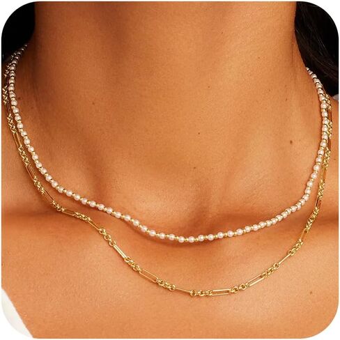 Layered Gold Necklaces for Women - 18K Gold Plated Herringbone Paperclip Chain Pearl Cuban Twist Rope Chain Necklace Waterproof Jewelry Dainty Choker Necklace Gold Jewelry for Women Gifts in Saudi Arabia