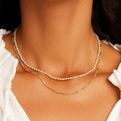 Layered Gold Necklaces for Women - 18K Gold Plated Herringbone Paperclip Chain Pearl Cuban Twist Rope Chain Necklace Waterproof Jewelry Dainty Choker Necklace Gold Jewelry for Women Gifts in Saudi Arabia