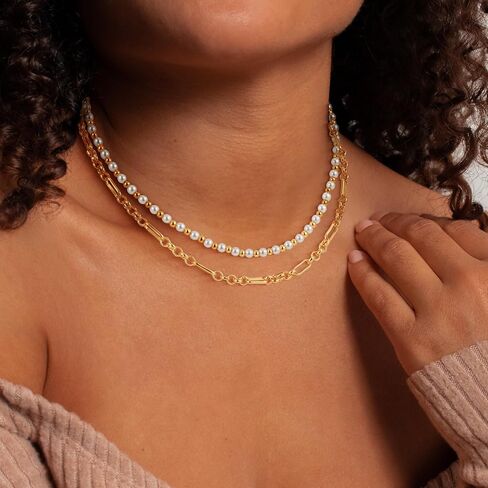 Layered Gold Necklaces for Women - 18K Gold Plated Herringbone Paperclip Chain Pearl Cuban Twist Rope Chain Necklace Waterproof Jewelry Dainty Choker Necklace Gold Jewelry for Women Gifts in Saudi Arabia