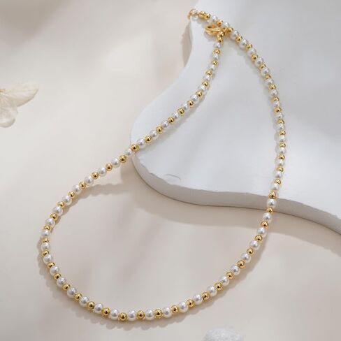 Layered Gold Necklaces for Women - 18K Gold Plated Herringbone Paperclip Chain Pearl Cuban Twist Rope Chain Necklace Waterproof Jewelry Dainty Choker Necklace Gold Jewelry for Women Gifts in Saudi Arabia