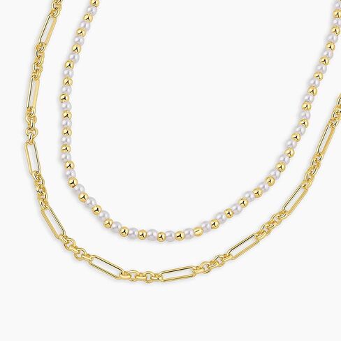Layered Gold Necklaces for Women - 18K Gold Plated Herringbone Paperclip Chain Pearl Cuban Twist Rope Chain Necklace Waterproof Jewelry Dainty Choker Necklace Gold Jewelry for Women Gifts in Saudi Arabia