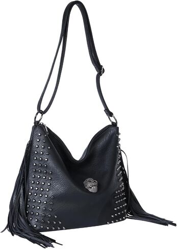 Oweisong Western Fringe Purse for Women Hobo Leather Skull Gothic Crossbody Bag Black Punk Shoulder Bag in Kuwait