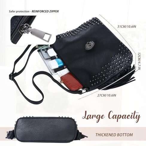 Oweisong Western Fringe Purse for Women Hobo Leather Skull Gothic Crossbody Bag Black Punk Shoulder Bag in Kuwait