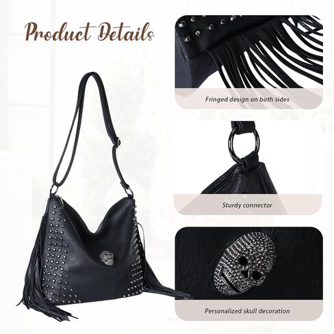 Oweisong Western Fringe Purse for Women Hobo Leather Skull Gothic Crossbody Bag Black Punk Shoulder Bag in Kuwait