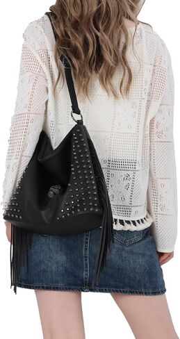 Oweisong Western Fringe Purse for Women Hobo Leather Skull Gothic Crossbody Bag Black Punk Shoulder Bag in Kuwait