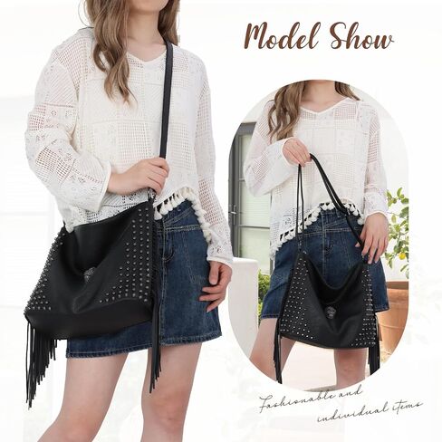 Oweisong Western Fringe Purse for Women Hobo Leather Skull Gothic Crossbody Bag Black Punk Shoulder Bag in Kuwait
