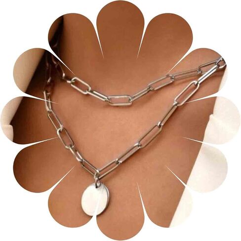 Boho Layered Disc Necklace Gold Paperclip Chain Choker Necklace Vintage Coin Pendant Necklace Punk Chunky Chain Necklace Jewelry for Women and Girls in Saudi Arabia