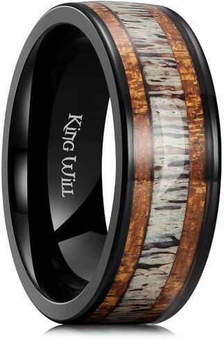 King Will 8mm Black Titanium Ring Sapele Wood Antlers Inlay Wedding Ring High Polished for Women Men Comfort Fit in Saudi Arabia