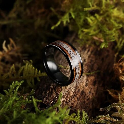 King Will 8mm Black Titanium Ring Sapele Wood Antlers Inlay Wedding Ring High Polished for Women Men Comfort Fit in Saudi Arabia