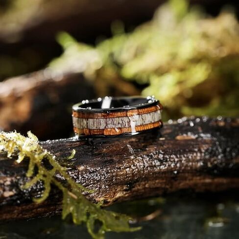 King Will 8mm Black Titanium Ring Sapele Wood Antlers Inlay Wedding Ring High Polished for Women Men Comfort Fit in Saudi Arabia