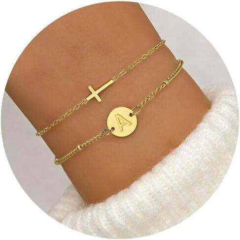 Cross Bracelet for Women Initial Bracelets for Women Dainty Layered Beaded Disc Monogram Gold Faith Cross Bracelet Christian Religious Jewelry Gift in Kuwait