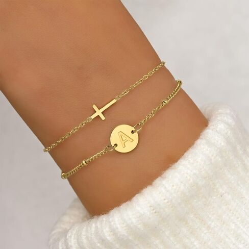 Cross Bracelet for Women Initial Bracelets for Women Dainty Layered Beaded Disc Monogram Gold Faith Cross Bracelet Christian Religious Jewelry Gift in Kuwait