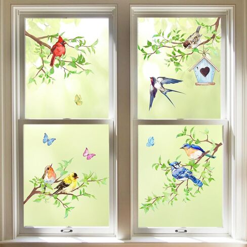 Yovkky Spring Summer Birds Branches Window Clings 4 Sheets, Cardinal Bluebird Swallow Goldfinch Chickadee Robin Stickers Decals Decor, Green Leaves Butterfly Birdhouse Home Kitchen Decorations in Saudi Arabia