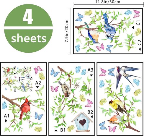 Yovkky Spring Summer Birds Branches Window Clings 4 Sheets, Cardinal Bluebird Swallow Goldfinch Chickadee Robin Stickers Decals Decor, Green Leaves Butterfly Birdhouse Home Kitchen Decorations in Saudi Arabia