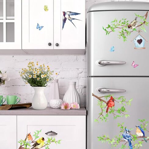 Yovkky Spring Summer Birds Branches Window Clings 4 Sheets, Cardinal Bluebird Swallow Goldfinch Chickadee Robin Stickers Decals Decor, Green Leaves Butterfly Birdhouse Home Kitchen Decorations in Saudi Arabia