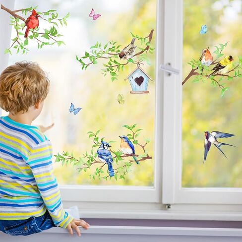 Yovkky Spring Summer Birds Branches Window Clings 4 Sheets, Cardinal Bluebird Swallow Goldfinch Chickadee Robin Stickers Decals Decor, Green Leaves Butterfly Birdhouse Home Kitchen Decorations in Saudi Arabia