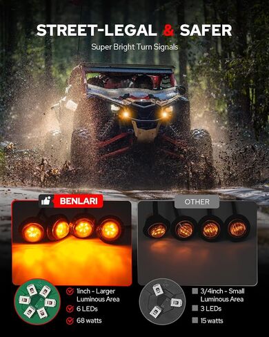 Benlari UTV ATV Turn Signal Kit - Upgraded Switchable Amber/White LED Light, Brighter Smoked Prism Lamp Shell & Louder 110DB Horn - Universal Turn Signal Kit for UTV ATV (2-seater / 4-seater) in Saudi Arabia