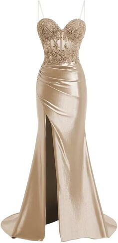 Spaghetti Strap Sweetheart Satin Prom Dresses with Split Lace Appliques Pleated Mermaid Long Evening Gown TM13 in Saudi Arabia