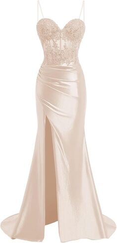 Spaghetti Strap Sweetheart Satin Prom Dresses with Split Lace Appliques Pleated Mermaid Long Evening Gown TM13 in Saudi Arabia