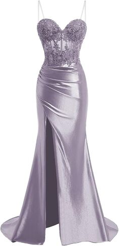 Spaghetti Strap Sweetheart Satin Prom Dresses with Split Lace Appliques Pleated Mermaid Long Evening Gown TM13 in Saudi Arabia