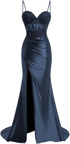 Spaghetti Strap Sweetheart Satin Prom Dresses with Split Lace Appliques Pleated Mermaid Long Evening Gown TM13 in Saudi Arabia