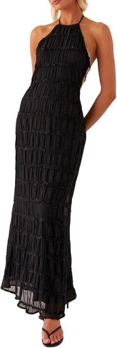 Women Summer Halter Neck Maxi Dress Flowy Ruffle Tiered Sleeveless Sundress Boho Backless Spaghetti Strap Long Dress in Kuwait