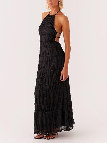 Women Summer Halter Neck Maxi Dress Flowy Ruffle Tiered Sleeveless Sundress Boho Backless Spaghetti Strap Long Dress in Kuwait