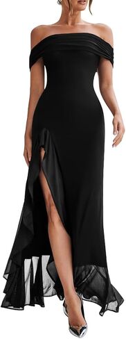 LAGSHIAN Women's Sexy Formal Off Shoulder Sleeveless High Split Ruffle Evening Party Maxi Dress in Kuwait