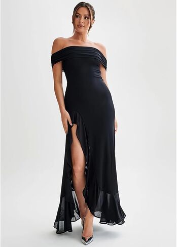 LAGSHIAN Women's Sexy Formal Off Shoulder Sleeveless High Split Ruffle Evening Party Maxi Dress in Kuwait
