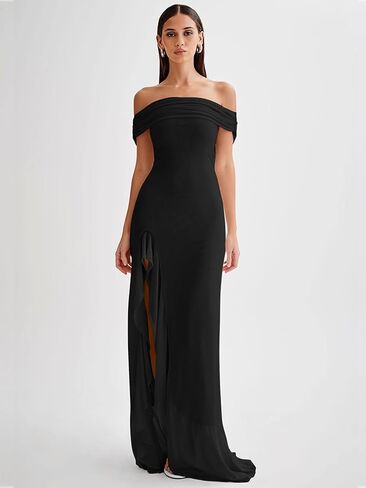 LAGSHIAN Women's Sexy Formal Off Shoulder Sleeveless High Split Ruffle Evening Party Maxi Dress in Kuwait