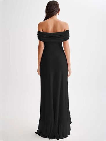 LAGSHIAN Women's Sexy Formal Off Shoulder Sleeveless High Split Ruffle Evening Party Maxi Dress in Kuwait