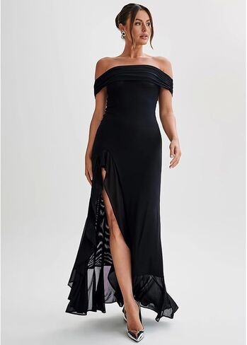 LAGSHIAN Women's Sexy Formal Off Shoulder Sleeveless High Split Ruffle Evening Party Maxi Dress in Kuwait