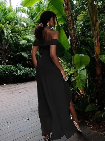 LAGSHIAN Women's Sexy Formal Off Shoulder Sleeveless High Split Ruffle Evening Party Maxi Dress in Kuwait