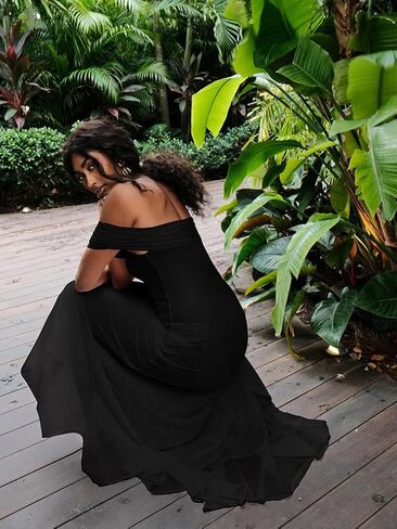 LAGSHIAN Women's Sexy Formal Off Shoulder Sleeveless High Split Ruffle Evening Party Maxi Dress in Kuwait