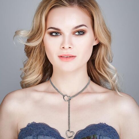 Slip Chain Necklace Choker for Women: Stainless Steel Punk Heart O-ring Charm Adjustable Lariat Y-Necklace Cuban Chain Jewelry Valentines Halloween in Saudi Arabia